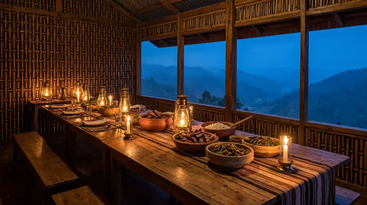 A long dinner table in a woven-bamboo pavilion lit by lanterns, with misty hills at twilight beyond