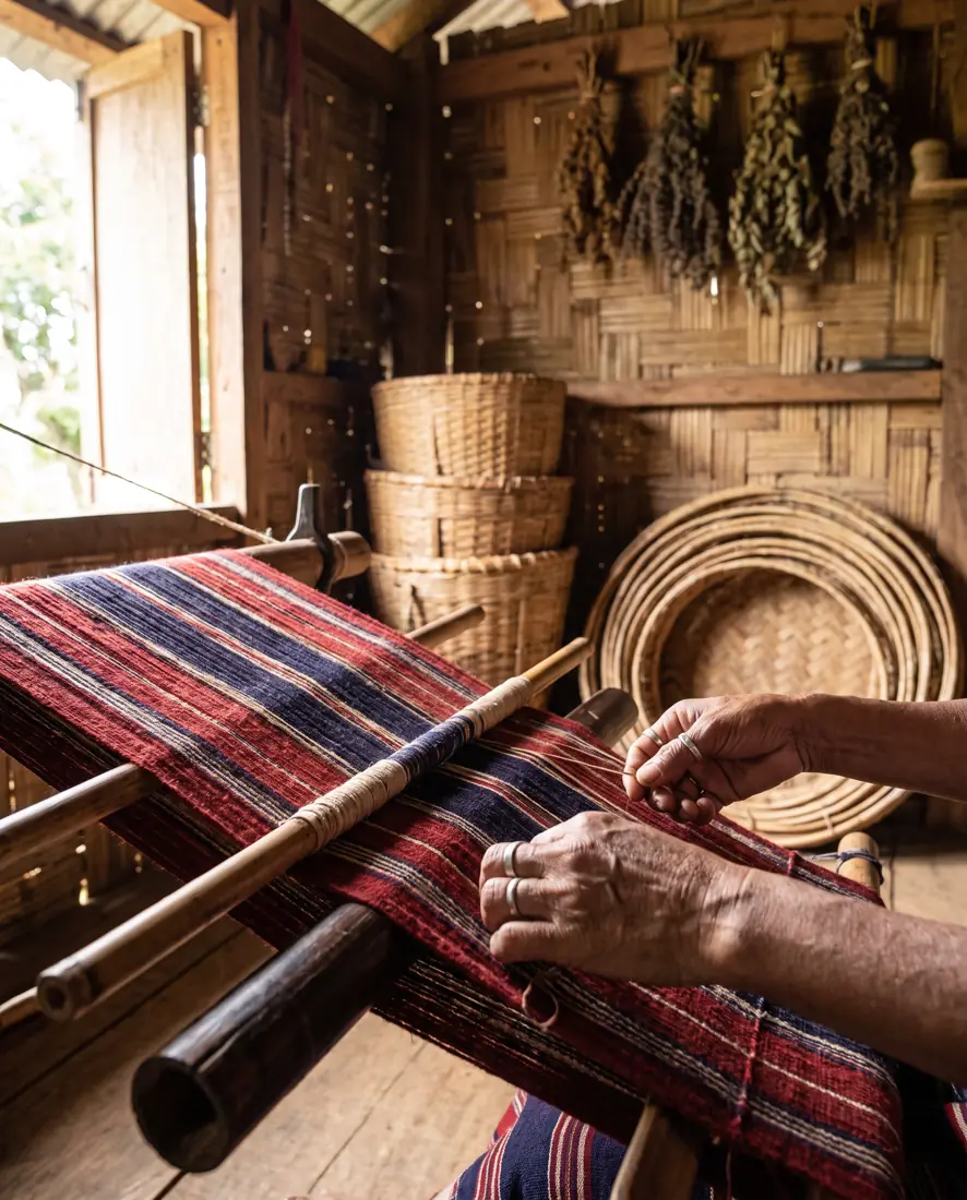 A weaver's hands at a backstrap loom with red and indigo striped cloth, bamboo baskets behind