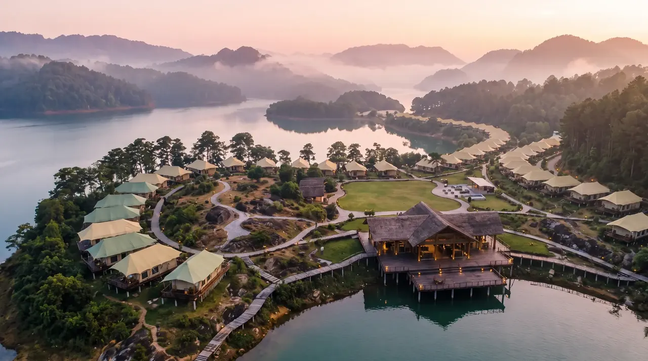 Aerial view at sunrise of the Umiam camp: canvas tents along the shore of a pine-covered peninsula, a timber pavilion over the lake