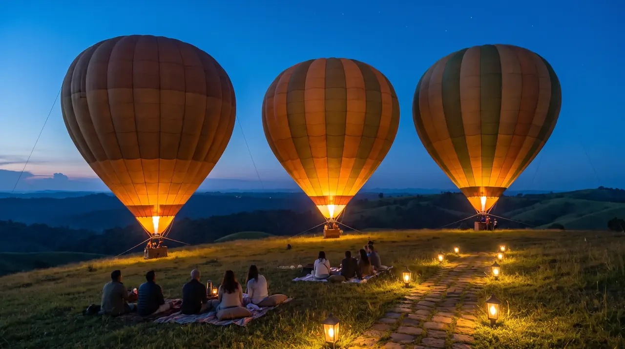 Three tethered hot-air balloons glowing at dusk on a grassy hilltop with guests watching