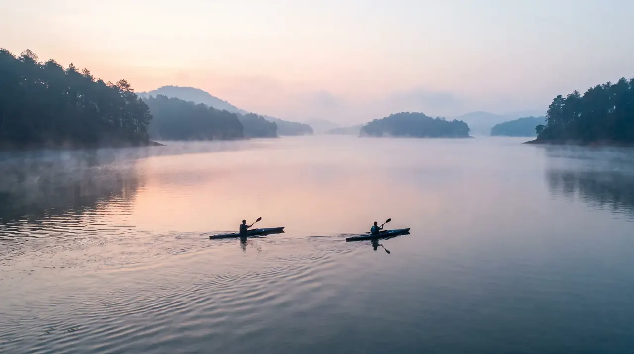 Two kayakers crossing a misty lake at dawn